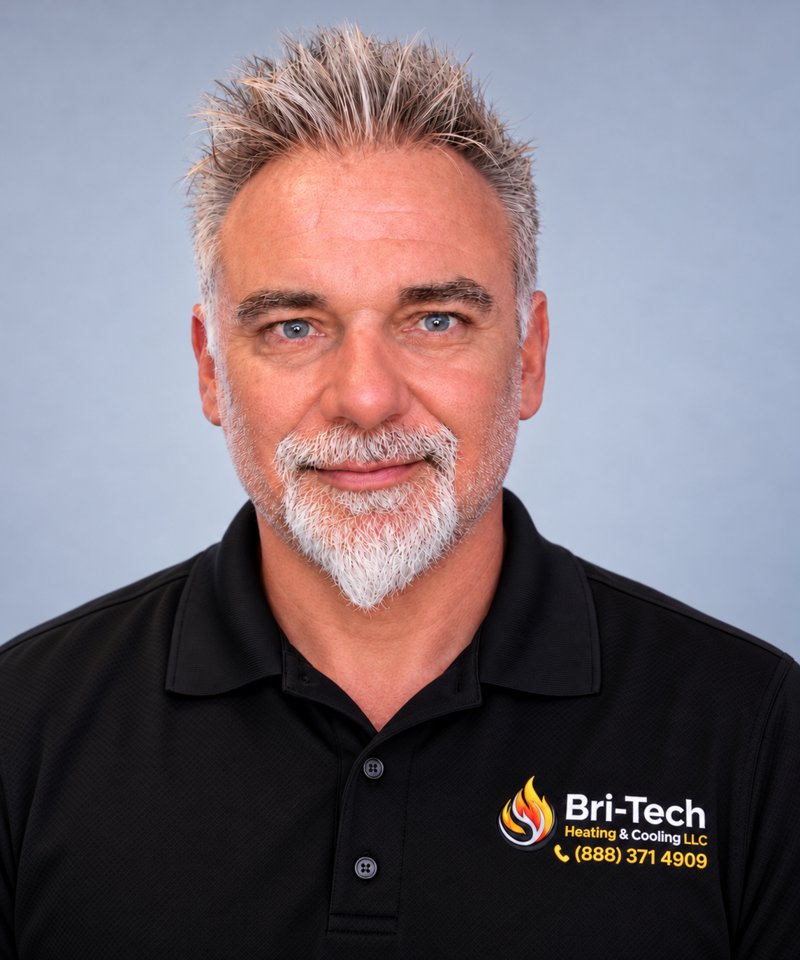 Headshot of Arpi, General Manager & System Owner at Bri-Tech Heating & Cooling, wearing a black company polo